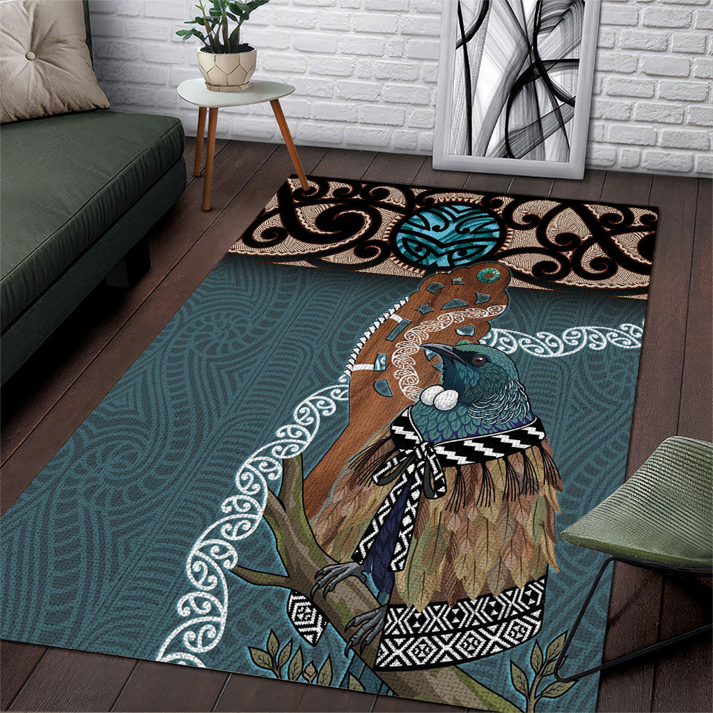 New Zealand Tui Bird Maripi Area Rug Maori Weapon Kowhaiwhai Pattern