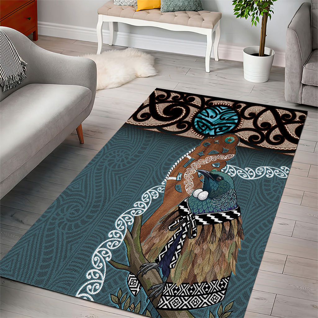 New Zealand Tui Bird Maripi Area Rug Maori Weapon Kowhaiwhai Pattern