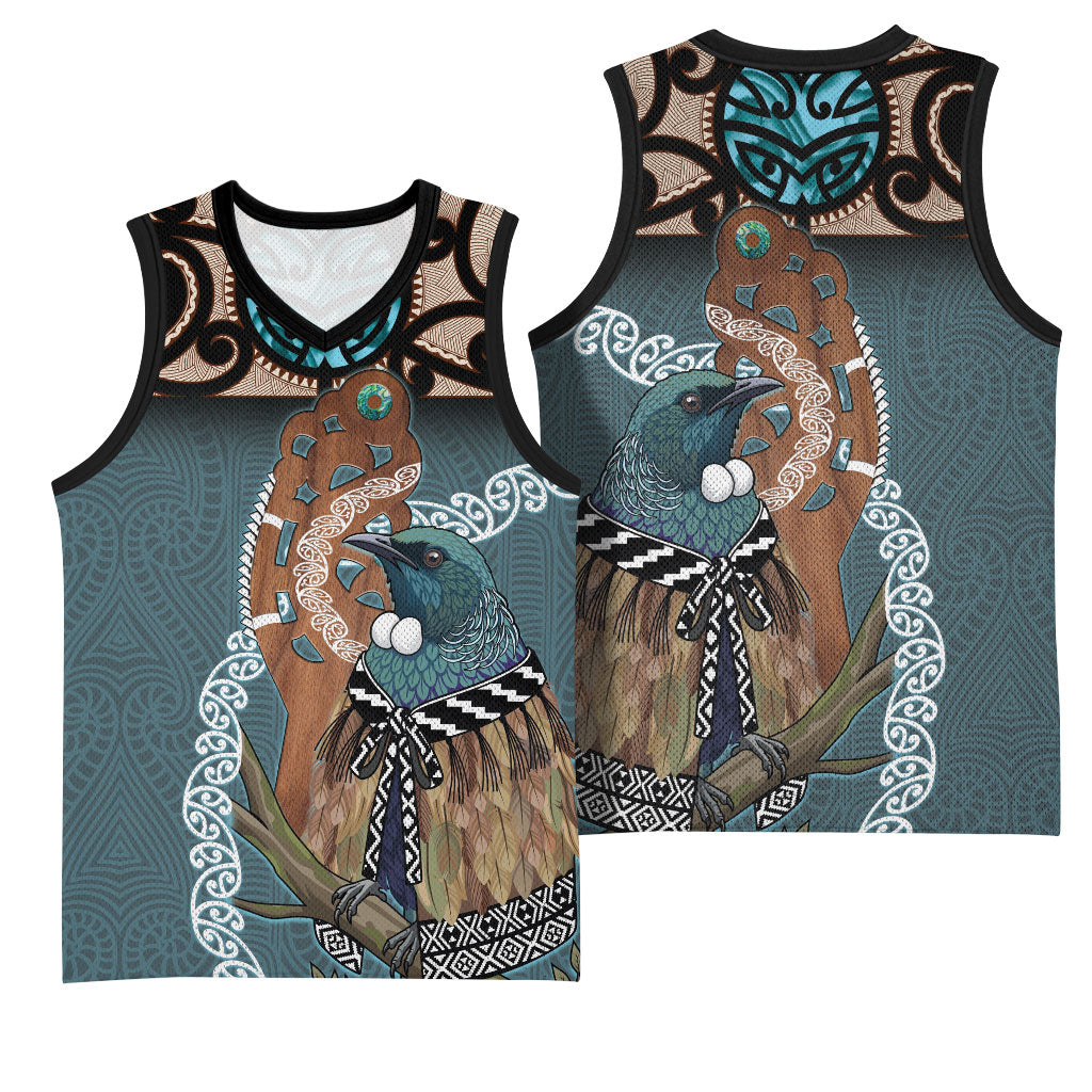 New Zealand Tui Bird Maripi Basketball Jersey Maori Weapon Kowhaiwhai Pattern
