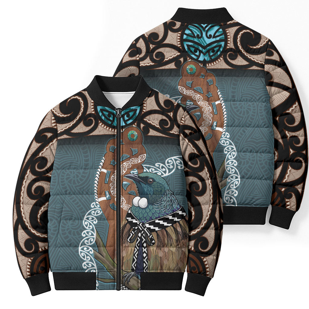 New Zealand Tui Bird Maripi Bomber Puffer Jacket Maori Weapon Kowhaiwhai Pattern