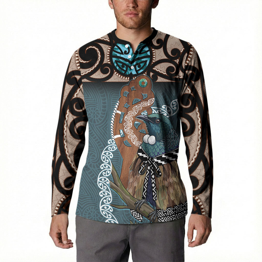 New Zealand Tui Bird Maripi Button Sweatshirt Maori Weapon Kowhaiwhai Pattern