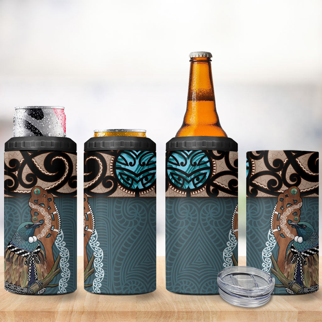New Zealand Tui Bird Maripi 4 in 1 Can Cooler Tumbler Maori Weapon Kowhaiwhai Pattern