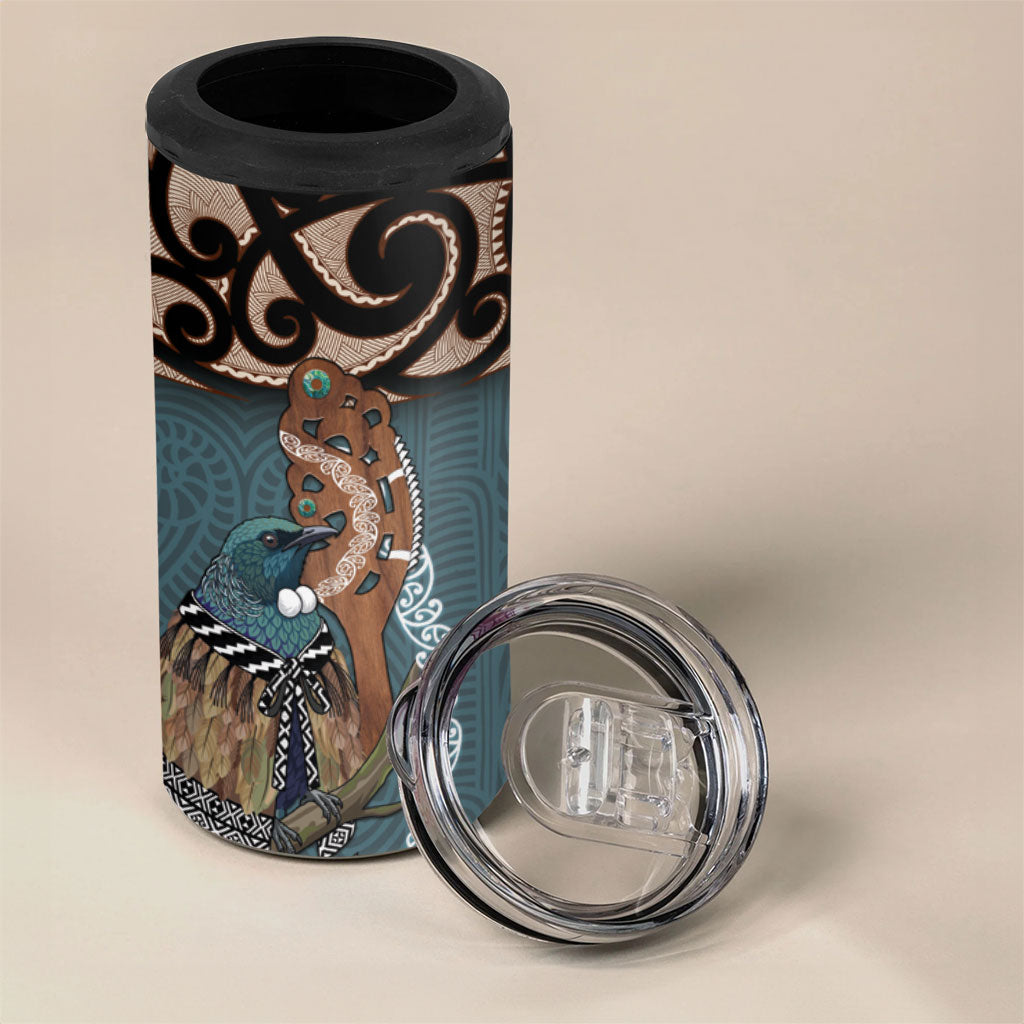 New Zealand Tui Bird Maripi 4 in 1 Can Cooler Tumbler Maori Weapon Kowhaiwhai Pattern