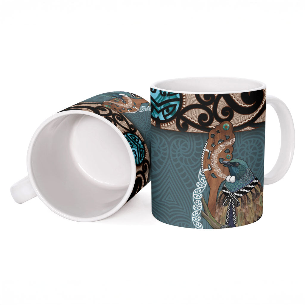 New Zealand Tui Bird Maripi Ceramic Mug Maori Weapon Kowhaiwhai Pattern