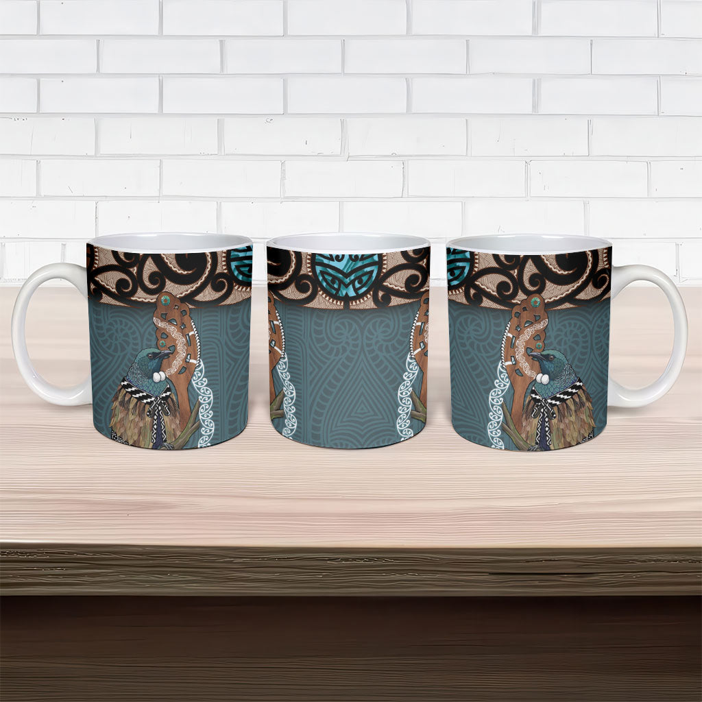 New Zealand Tui Bird Maripi Ceramic Mug Maori Weapon Kowhaiwhai Pattern