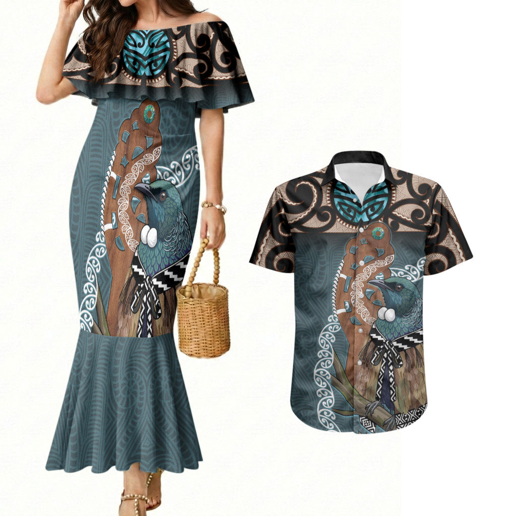 New Zealand Tui Bird Maripi Couples Matching Mermaid Dress and Hawaiian Shirt Maori Weapon Kowhaiwhai Pattern LT22 Slate Blue - Polynesian Pride
