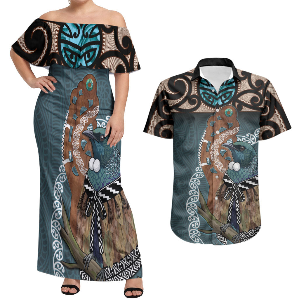 New Zealand Tui Bird Maripi Couples Matching Off Shoulder Maxi Dress and Hawaiian Shirt Maori Weapon Kowhaiwhai Pattern LT22 Slate Blue - Polynesian Pride