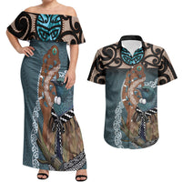 New Zealand Tui Bird Maripi Couples Matching Off Shoulder Maxi Dress and Hawaiian Shirt Maori Weapon Kowhaiwhai Pattern