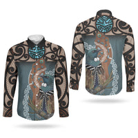 New Zealand Tui Bird Maripi Couples Matching Off Shoulder Maxi Dress and Long Sleeve Button Shirt Maori Weapon Kowhaiwhai Pattern
