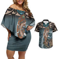 New Zealand Tui Bird Maripi Couples Matching Off Shoulder Short Dress and Hawaiian Shirt Maori Weapon Kowhaiwhai Pattern