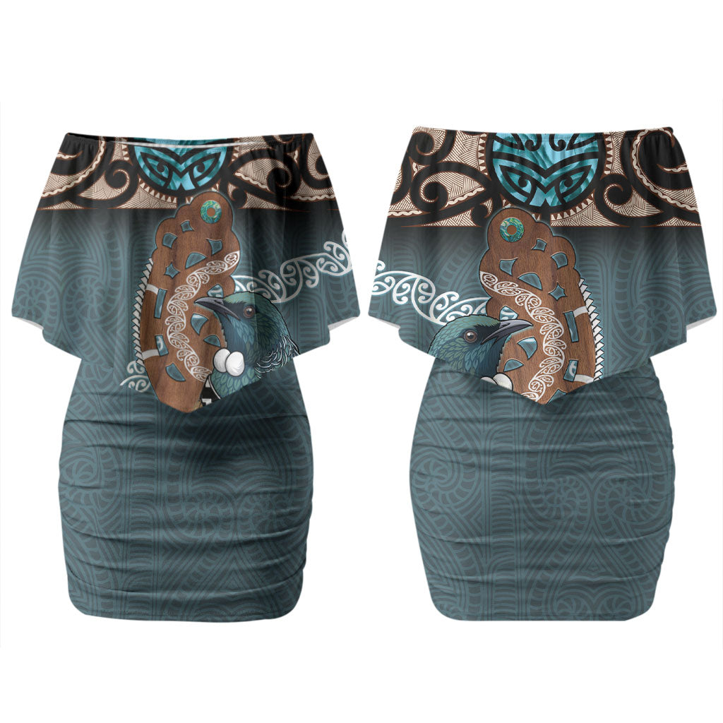 New Zealand Tui Bird Maripi Couples Matching Off Shoulder Short Dress and Hawaiian Shirt Maori Weapon Kowhaiwhai Pattern