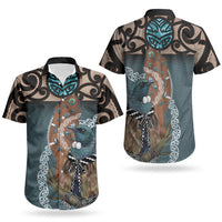 New Zealand Tui Bird Maripi Couples Matching Off Shoulder Short Dress and Hawaiian Shirt Maori Weapon Kowhaiwhai Pattern