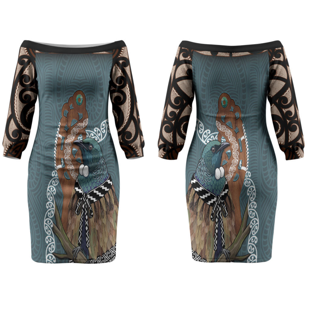 New Zealand Tui Bird Maripi Couples Matching Off The Shoulder Long Sleeve Dress and Long Sleeve Button Shirt Maori Weapon Kowhaiwhai Pattern