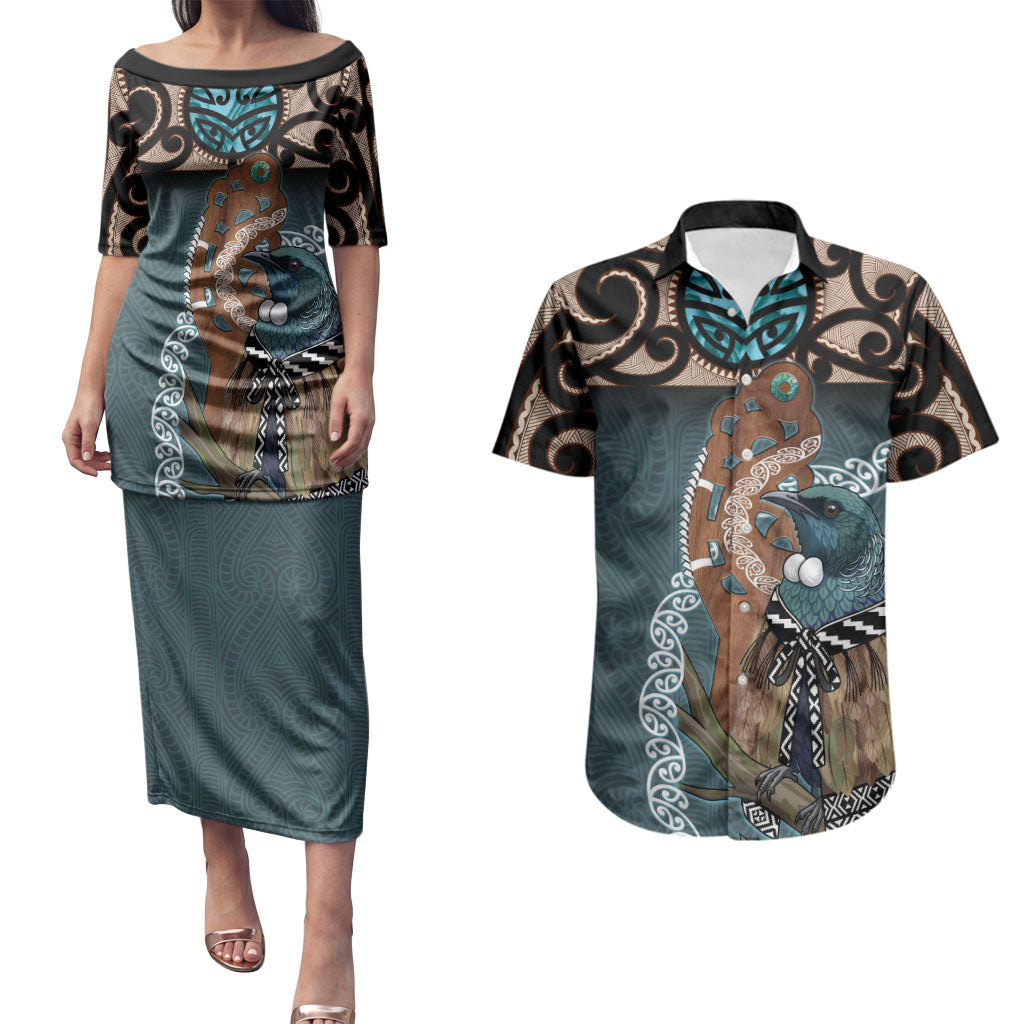 New Zealand Tui Bird Maripi Couples Matching Puletasi and Hawaiian Shirt Maori Weapon Kowhaiwhai Pattern LT22 Slate Blue - Polynesian Pride