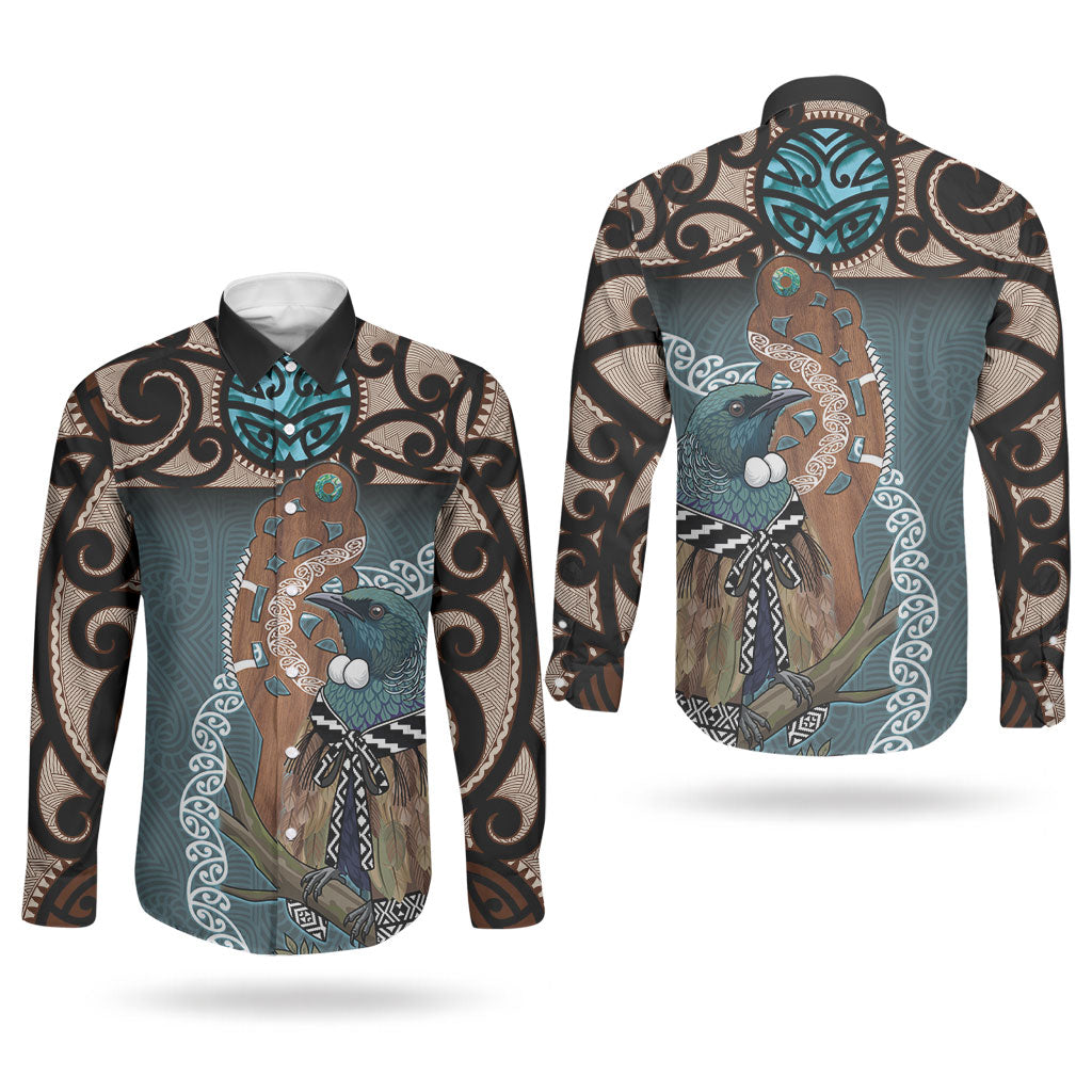 New Zealand Tui Bird Maripi Couples Matching Puletasi and Long Sleeve Button Shirt Maori Weapon Kowhaiwhai Pattern