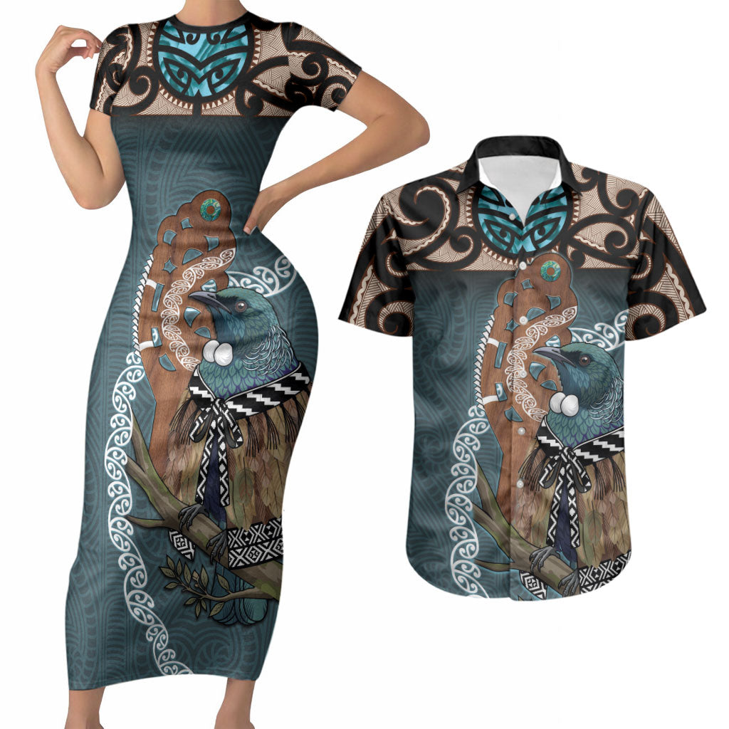 New Zealand Tui Bird Maripi Couples Matching Short Sleeve Bodycon Dress and Hawaiian Shirt Maori Weapon Kowhaiwhai Pattern