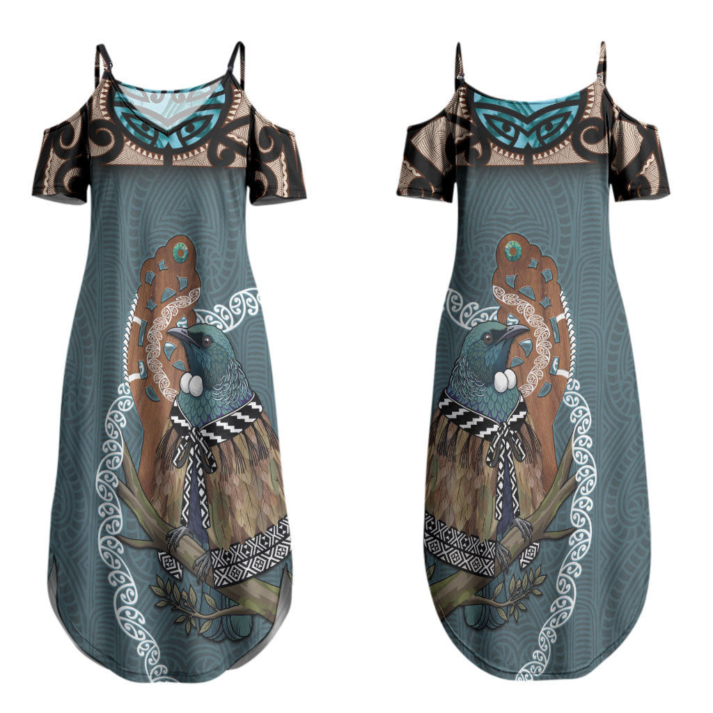 New Zealand Tui Bird Maripi Couples Matching Summer Maxi Dress and Hawaiian Shirt Maori Weapon Kowhaiwhai Pattern