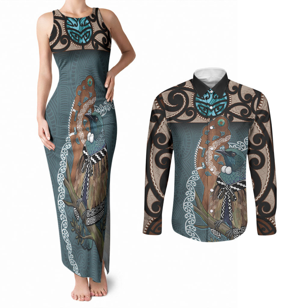 New Zealand Tui Bird Maripi Couples Matching Tank Maxi Dress and Long Sleeve Button Shirt Maori Weapon Kowhaiwhai Pattern LT22 Slate Blue - Polynesian Pride