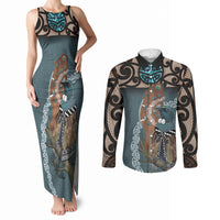 New Zealand Tui Bird Maripi Couples Matching Tank Maxi Dress and Long Sleeve Button Shirt Maori Weapon Kowhaiwhai Pattern