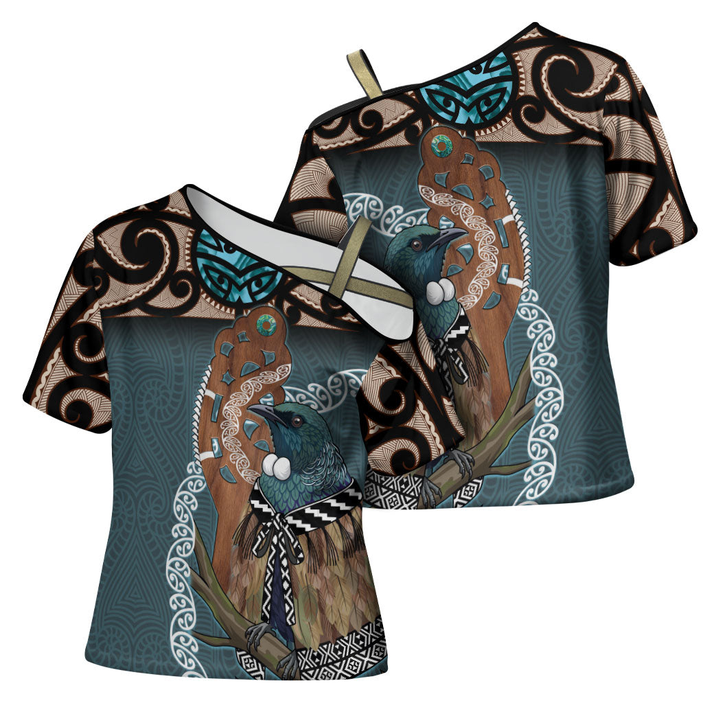 New Zealand Tui Bird Maripi Cross Shoulder Shirt Maori Weapon Kowhaiwhai Pattern