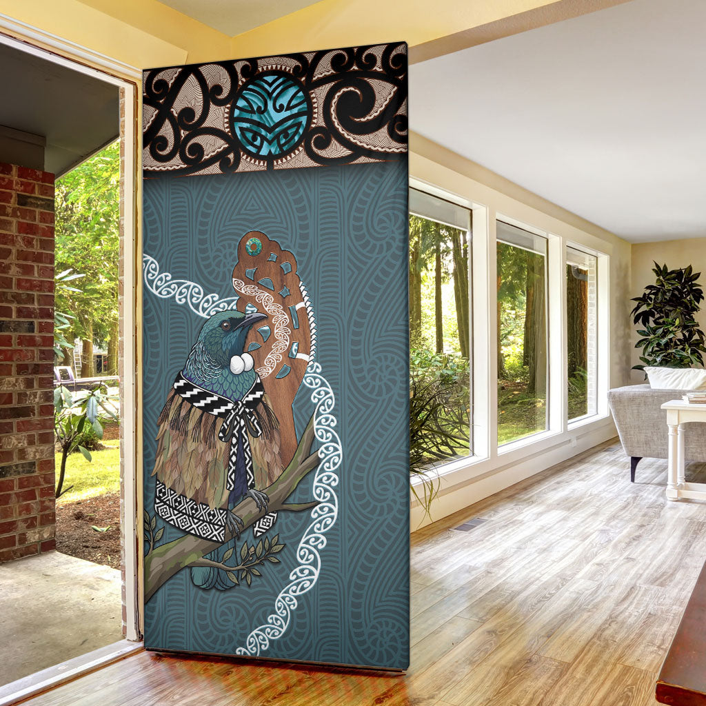 New Zealand Tui Bird Maripi Door Cover Maori Weapon Kowhaiwhai Pattern