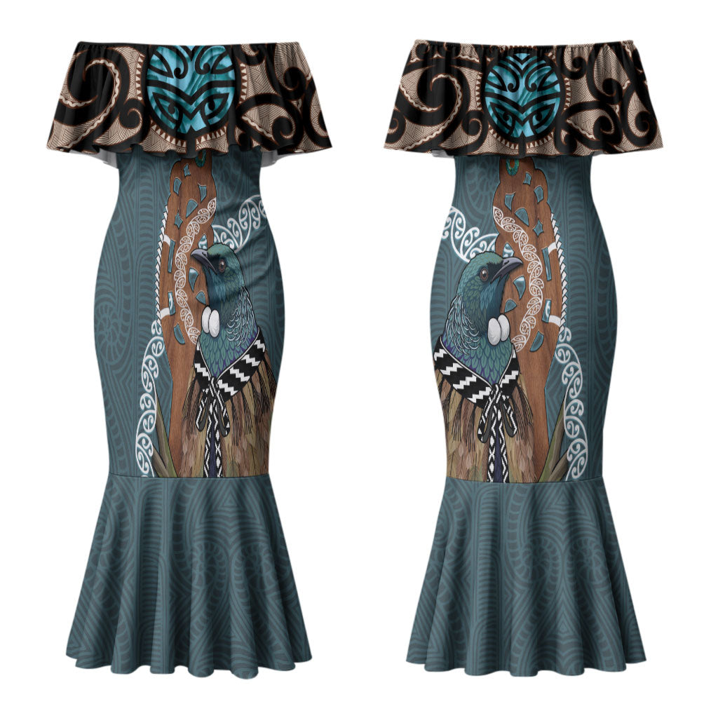 New Zealand Tui Bird Maripi Family Matching Mermaid Dress and Hawaiian Shirt Maori Weapon Kowhaiwhai Pattern