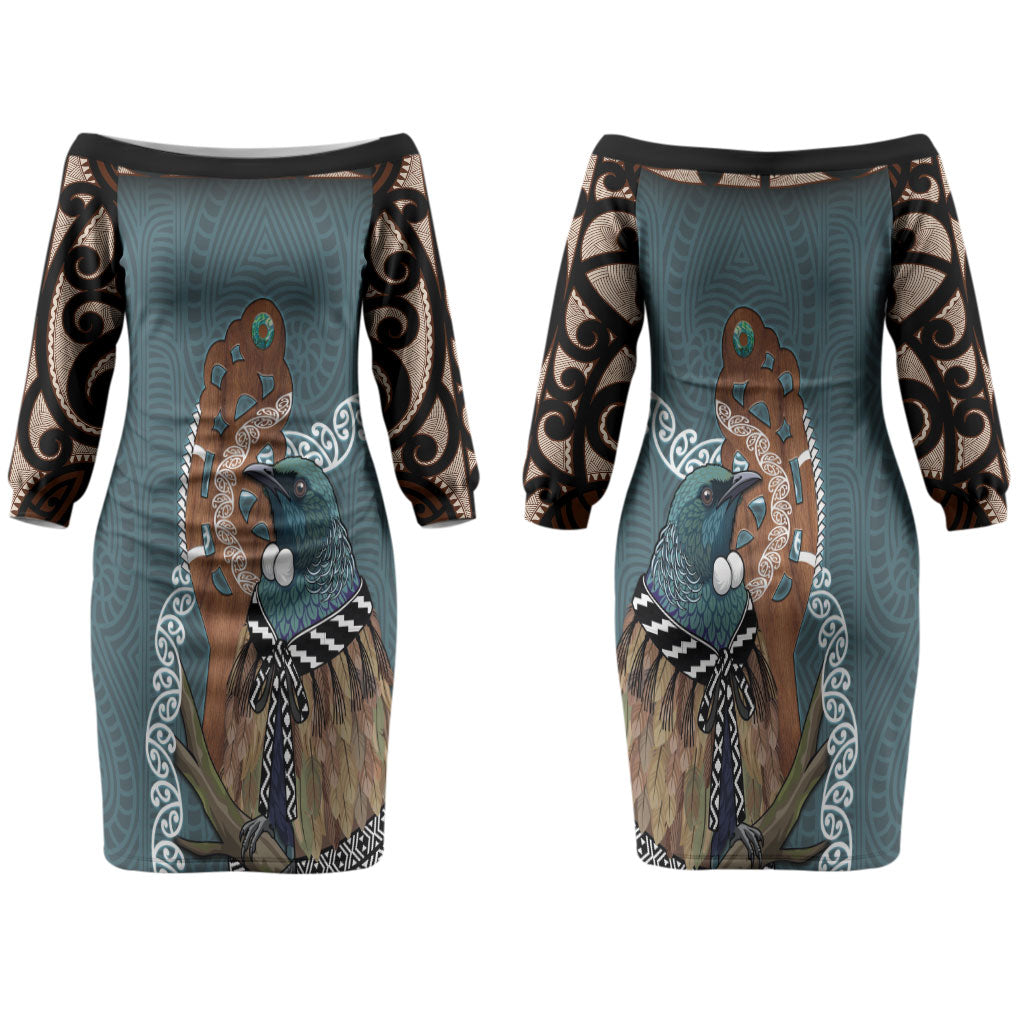 New Zealand Tui Bird Maripi Family Matching Off The Shoulder Long Sleeve Dress and Hawaiian Shirt Maori Weapon Kowhaiwhai Pattern