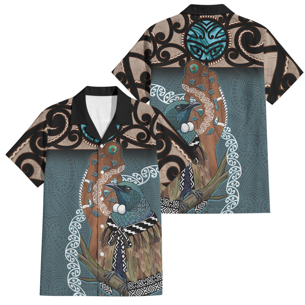 New Zealand Tui Bird Maripi Family Matching Off The Shoulder Long Sleeve Dress and Hawaiian Shirt Maori Weapon Kowhaiwhai Pattern