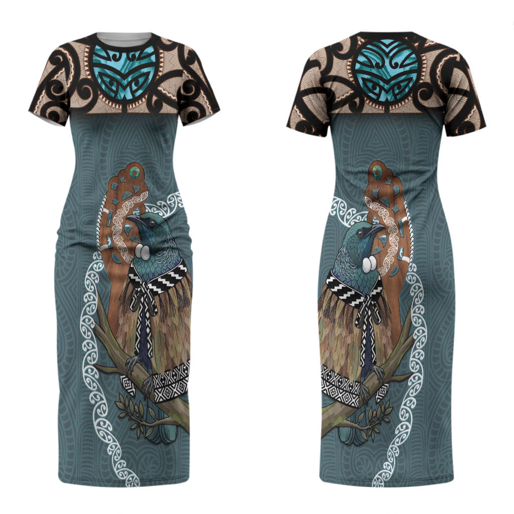 New Zealand Tui Bird Maripi Family Matching Short Sleeve Bodycon Dress and Hawaiian Shirt Maori Weapon Kowhaiwhai Pattern