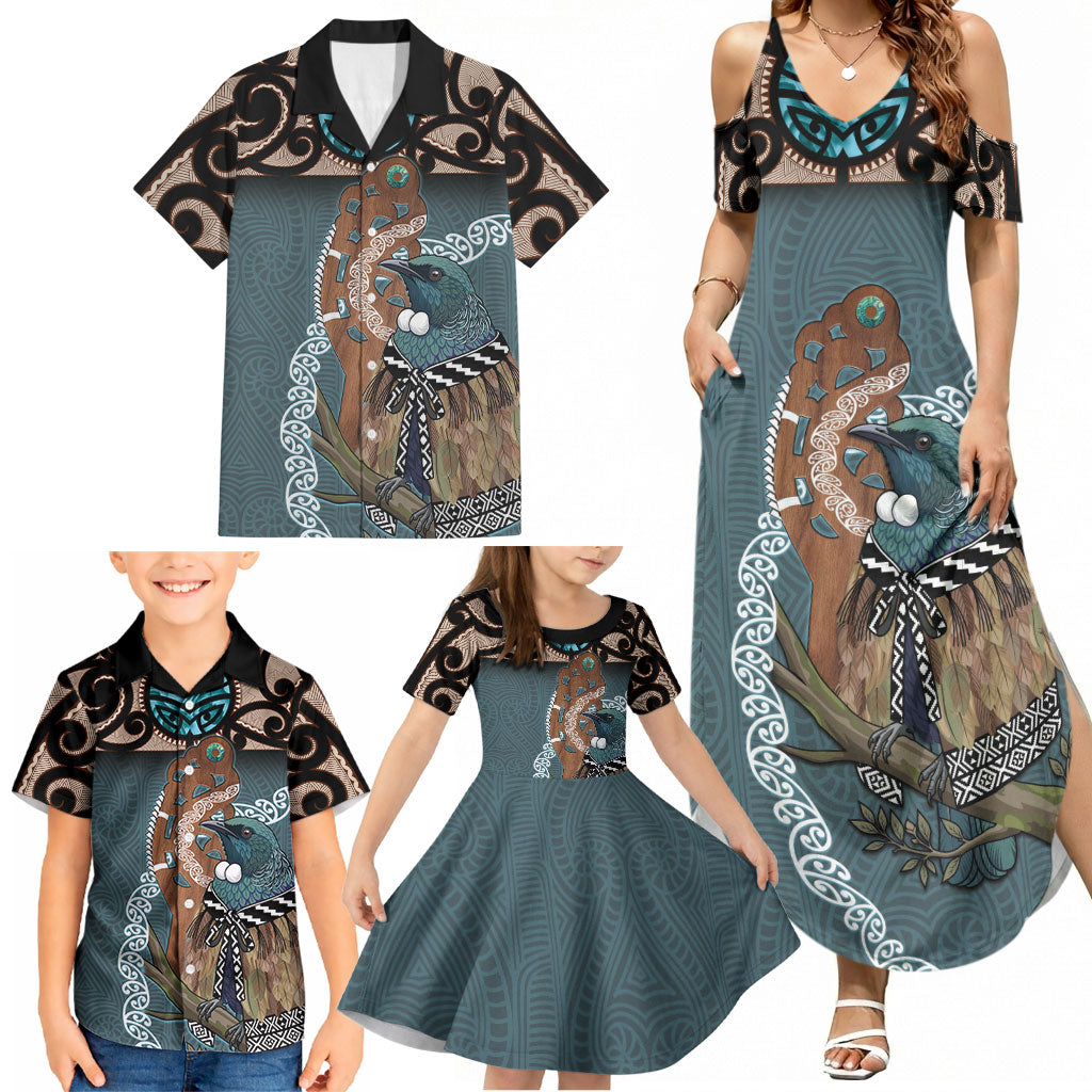 New Zealand Tui Bird Maripi Family Matching Summer Maxi Dress and Hawaiian Shirt Maori Weapon Kowhaiwhai Pattern LT22 - Polynesian Pride