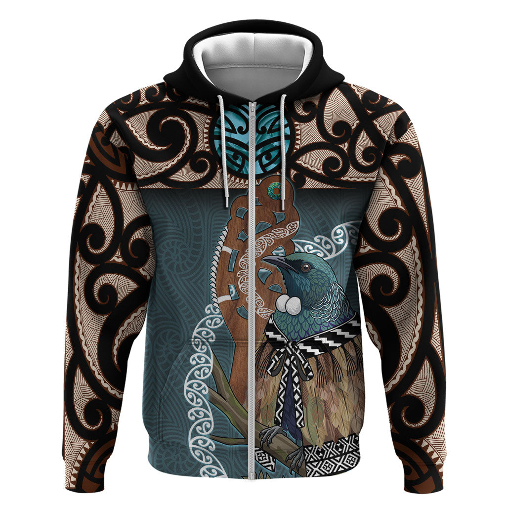 New Zealand Tui Bird Maripi Hoodie Maori Weapon Kowhaiwhai Pattern