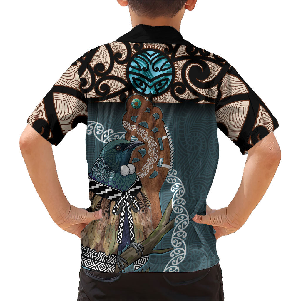 New Zealand Tui Bird Maripi Kid Hawaiian Shirt Maori Weapon Kowhaiwhai Pattern