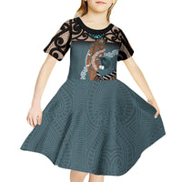 New Zealand Tui Bird Maripi Kid Short Sleeve Dress Maori Weapon Kowhaiwhai Pattern