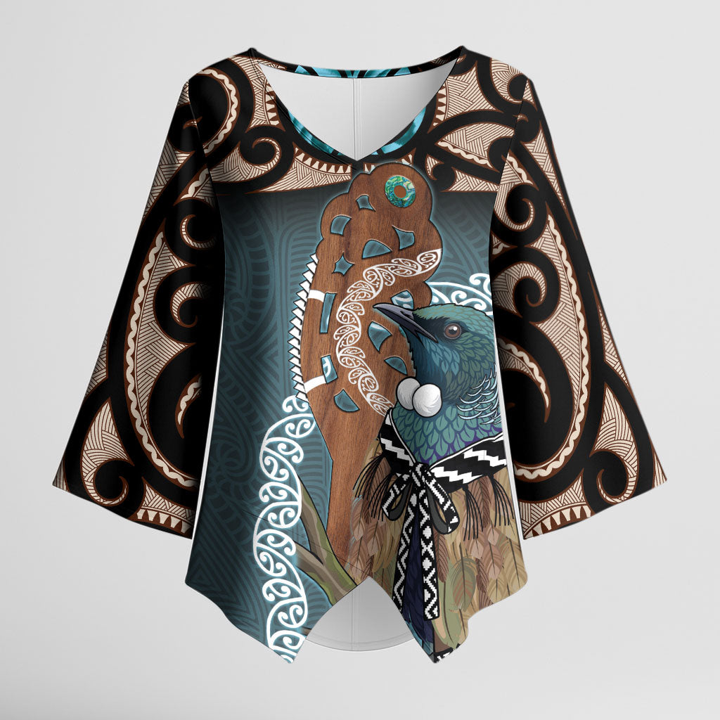 New Zealand Tui Bird Maripi Kimono Sleeve Blouse Maori Weapon Kowhaiwhai Pattern