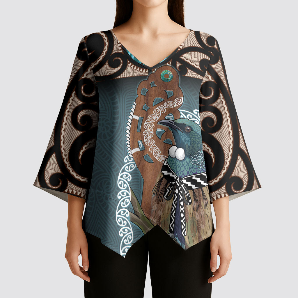 New Zealand Tui Bird Maripi Kimono Sleeve Blouse Maori Weapon Kowhaiwhai Pattern