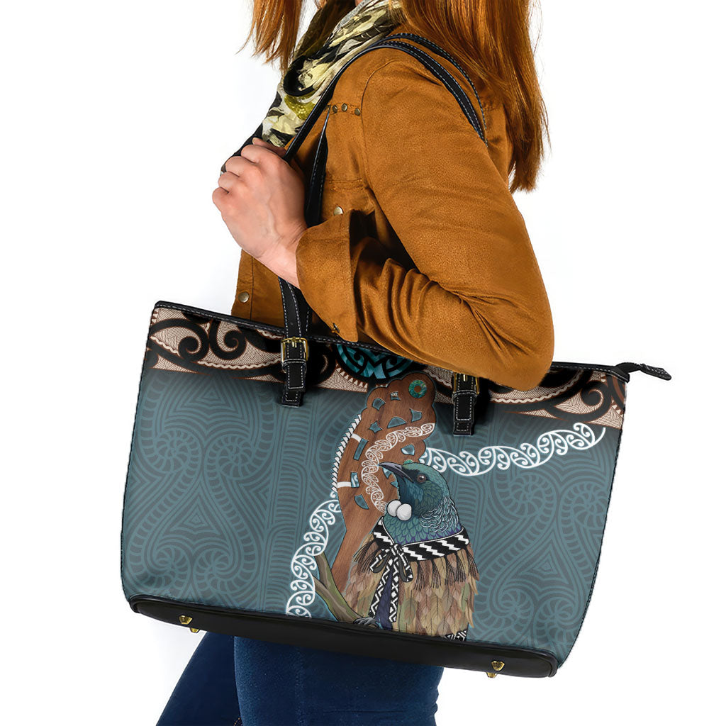 New Zealand Tui Bird Maripi Leather Tote Bag Maori Weapon Kowhaiwhai Pattern