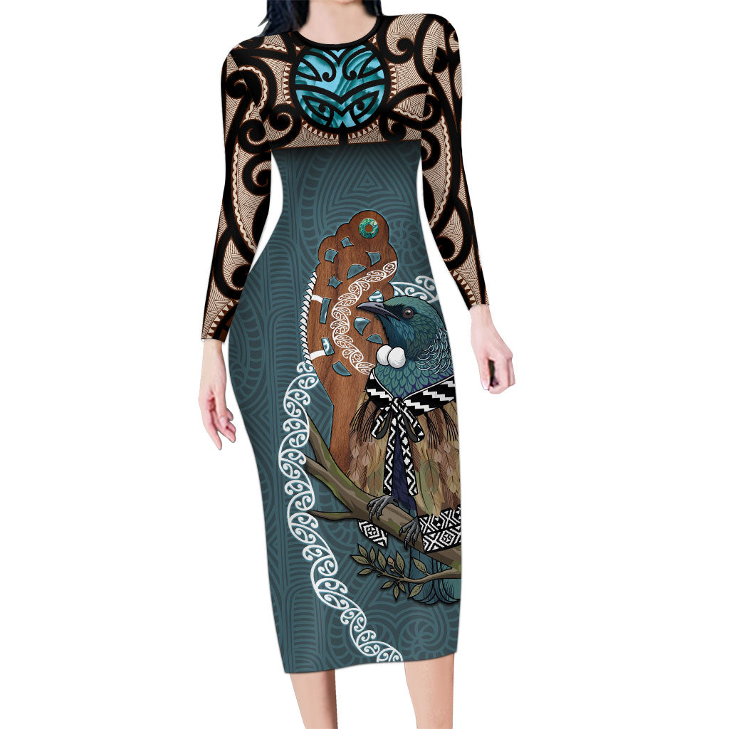 New Zealand Tui Bird Maripi Long Sleeve Bodycon Dress Maori Weapon Kowhaiwhai Pattern LT22 Long Dress Slate Blue - Polynesian Pride
