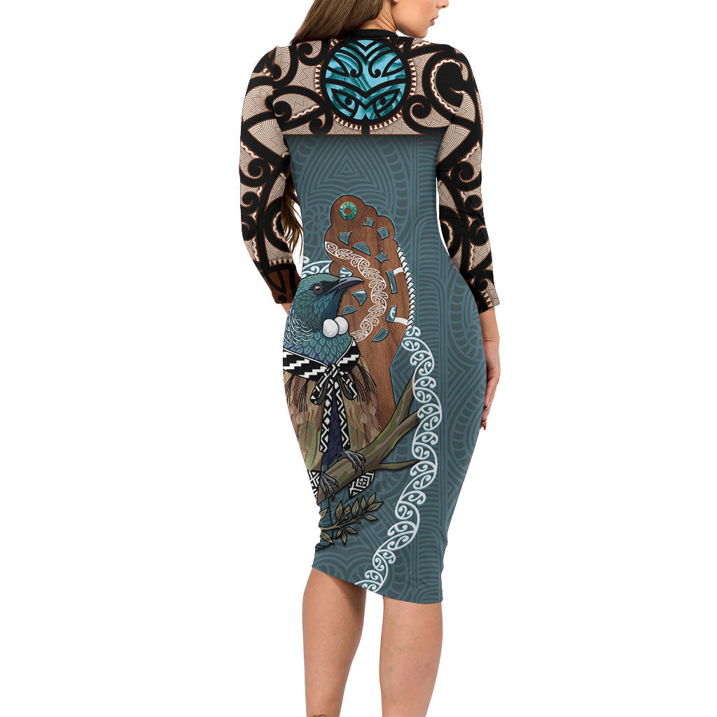 New Zealand Tui Bird Maripi Long Sleeve Bodycon Dress Maori Weapon Kowhaiwhai Pattern