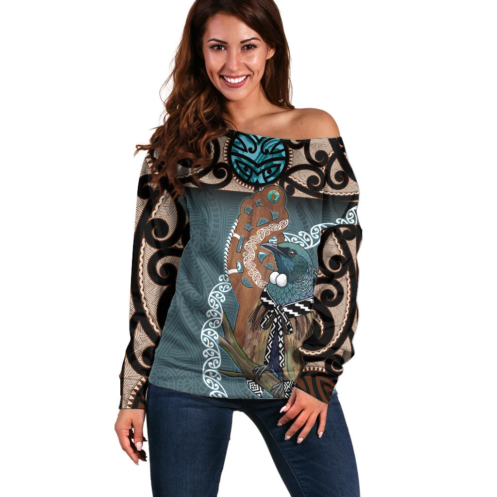 New Zealand Tui Bird Maripi Off Shoulder Sweater Maori Weapon Kowhaiwhai Pattern