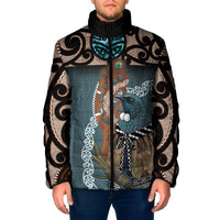 New Zealand Tui Bird Maripi Padded Jacket Maori Weapon Kowhaiwhai Pattern