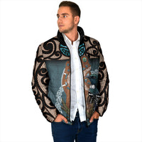 New Zealand Tui Bird Maripi Padded Jacket Maori Weapon Kowhaiwhai Pattern