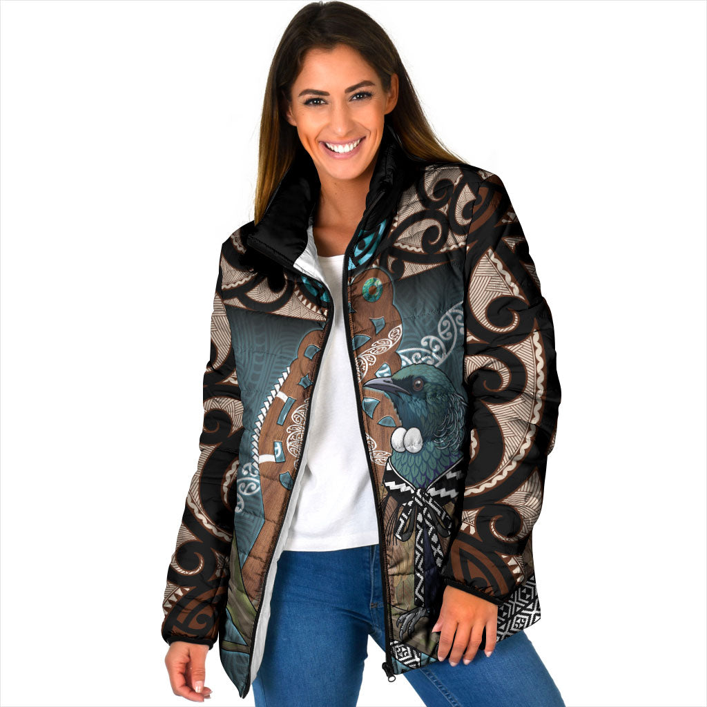 New Zealand Tui Bird Maripi Padded Jacket Maori Weapon Kowhaiwhai Pattern