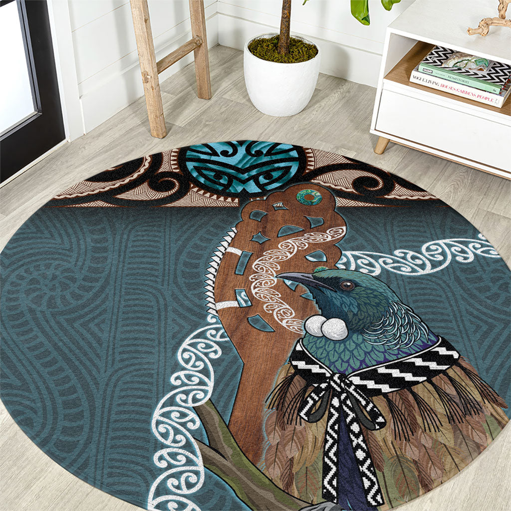 New Zealand Tui Bird Maripi Round Carpet Maori Weapon Kowhaiwhai Pattern LT22 Slate Blue - Polynesian Pride