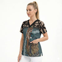 New Zealand Tui Bird Maripi Scrub Top Maori Weapon Kowhaiwhai Pattern