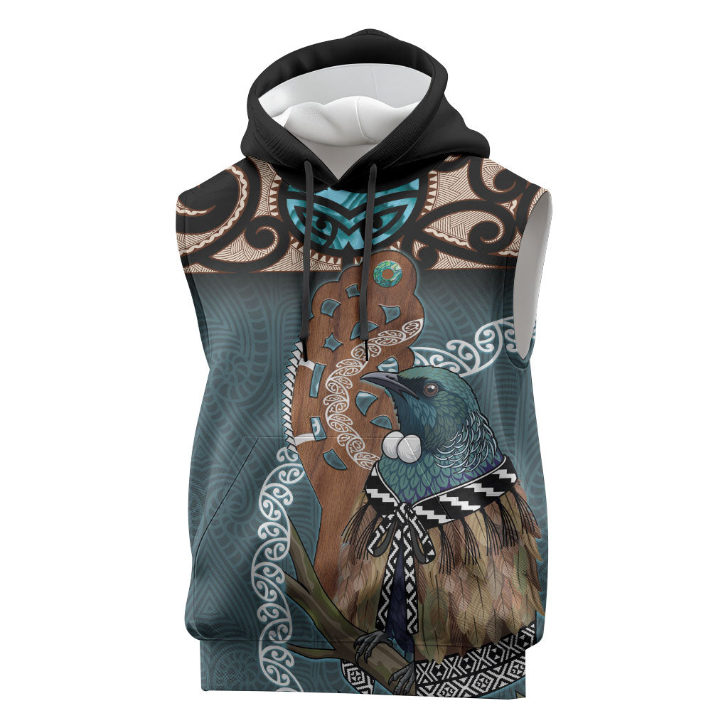 New Zealand Tui Bird Maripi Sleeveless Hoodie Maori Weapon Kowhaiwhai Pattern