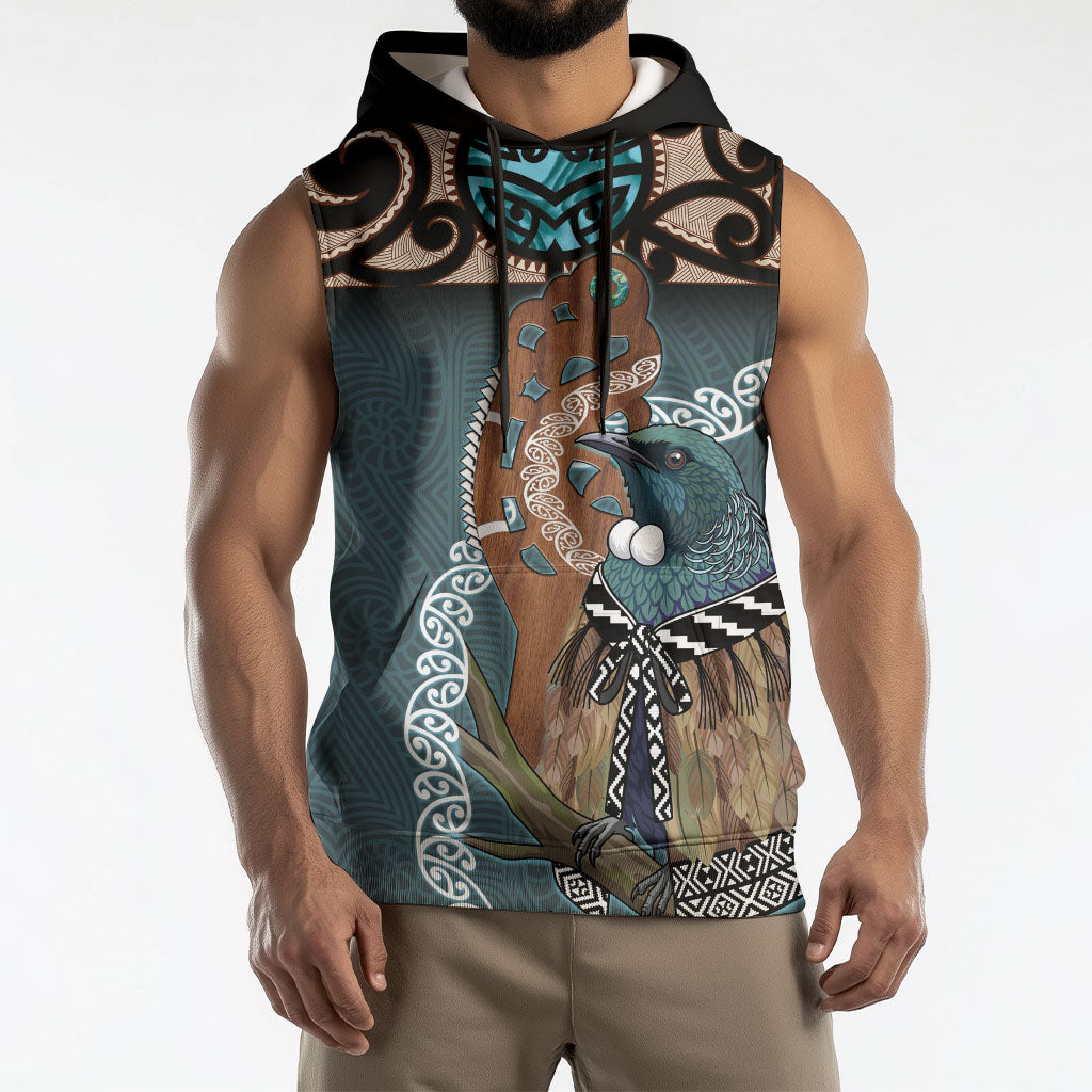 New Zealand Tui Bird Maripi Sleeveless Hoodie Maori Weapon Kowhaiwhai Pattern
