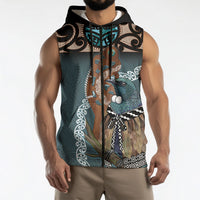 New Zealand Tui Bird Maripi Sleeveless Zip Hoodie Maori Weapon Kowhaiwhai Pattern