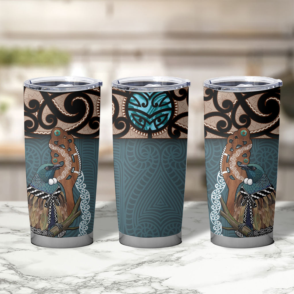 New Zealand Tui Bird Maripi Tumbler Cup Maori Weapon Kowhaiwhai Pattern