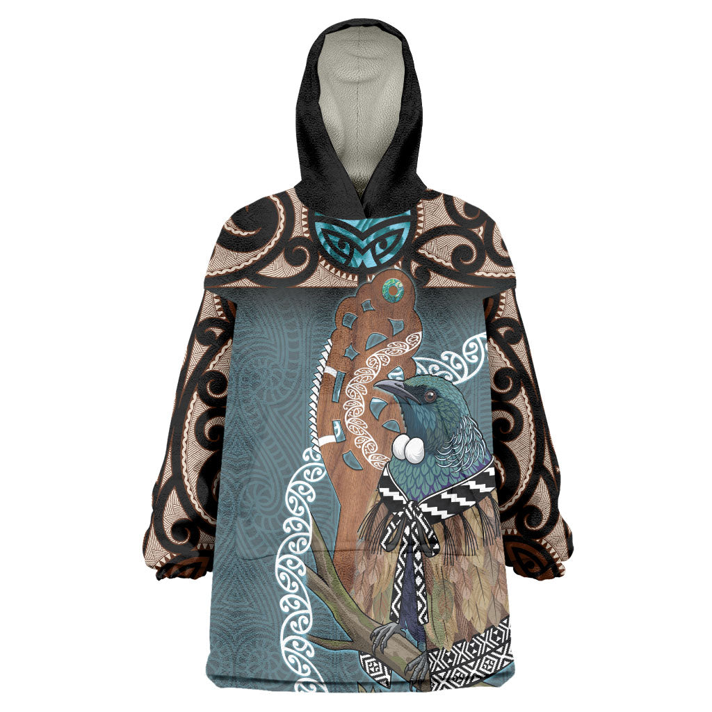 New Zealand Tui Bird Maripi Wearable Blanket Hoodie Maori Weapon Kowhaiwhai Pattern