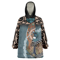 New Zealand Tui Bird Maripi Wearable Blanket Hoodie Maori Weapon Kowhaiwhai Pattern